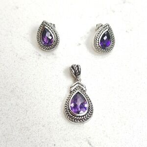 Amethyst Sterling Silver Pendant‎ and Earrings Set Jewelry 925